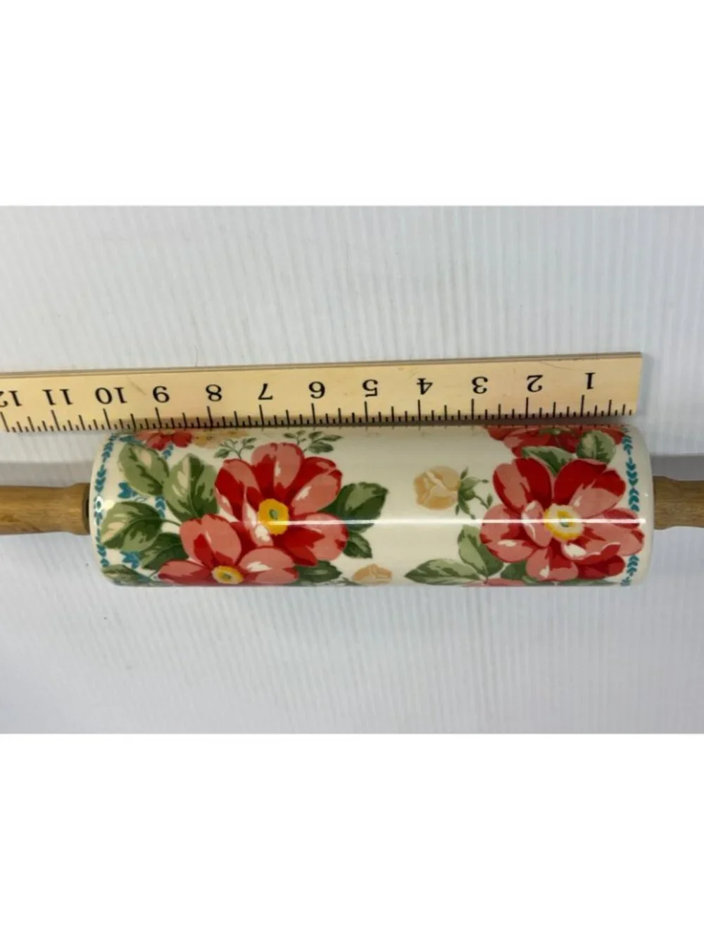 Pioneer Woman Rolling Pin Retired Vintage Flower Pattern Ceramic Wooden Handles
